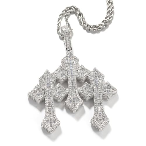 POKOKORR Men's Rope Link Chain Pendant, Moissanite and Gold, Hip Hop Iced Out Jewelry 24inches (Silver)