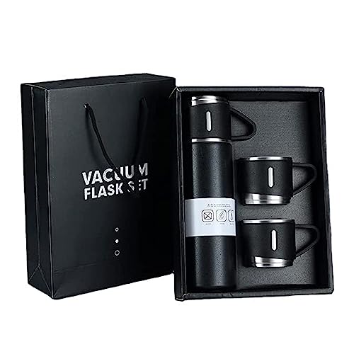 Image of Steel Vacuum Flask Set with 3 Stainless Steel Cups Combo - 500ml - Keeps HOT Cold Ideal Gift for Winter - Housewarming Random Color