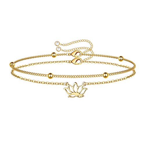 Dainty Layered Lotus Bracelets for Women, 14K Gold Plated Tiny Layering Beads Bracelet Gold Layered...