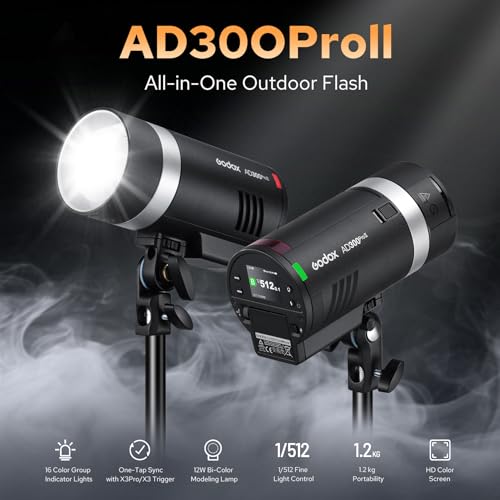 Image of Godox AD300 PRO II Outdoor Flash Strobe Light - Upgraded Heads (AD-S2 & Bare Bulb), 200Ws Bi-Color Model Lamp, 2.4G TTL & HSS,One-Tap Pairing Compatible with Canon, Nikon, Sony, Fujifilm, Olympus