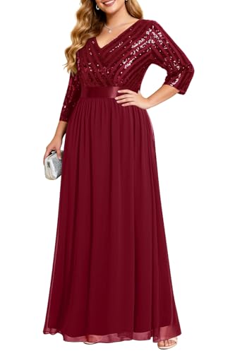 Talisea Damenkleid, Übergröße, V-Ausschnitt, 3/4-Ärmel, Pailletten, Abschlussball, Abendkleid, langes Maxikleid, Burgunder, 48 Mehr
