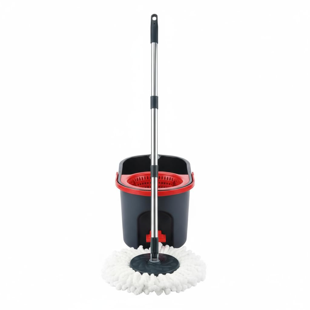 Mop mocio sistema automatico lavapavimenti con centrifuga Push & Spin, mocio rotante con secchio 13lt a pedale e con panno lavaggio in microfibra, rotomop con manico fisso 110cm, pulizia pavimenti