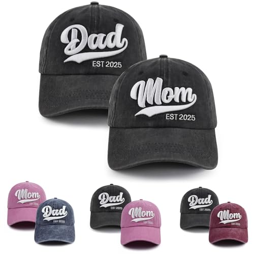 New Parents Gifts for Couples, Mom and Dad Est 2025 Hat, Adjustable Cotton 3D Embroidered New Mother and Father Baseball Cap, Mothers Fathers Day Birthday Gift for Daddy Mommy to Be,First Time Moms