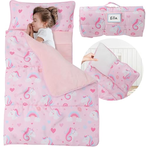 E1F1NN DOT Toddler Nap Mat with Detachable Pillow & Blanket - Soft Plush Minky Fleece Kids Sleeping Bag for Daycare, Preschool & Travel - Portable Roll-Up Design with Carry Handle - Boys Girls Ages 3+
