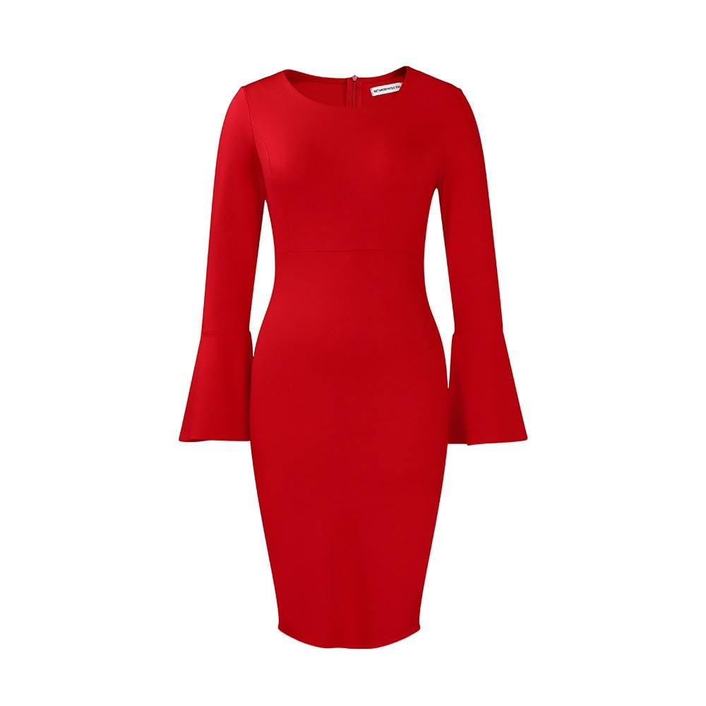 Fashion Long Trumpet Sleeve Bodycon Midi Pencil Dress For Women Elegant Round Neck Solid Color Business Office Dress