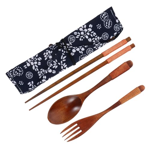 Toyvian Holz Besteck Set mit Gabel Löffel und Essstäbchen Natürliches Langlebiges Tischbesteck mit Praktischer Aufbewahrungstasche aus Stabilem Material Leicht zu Reinigen und