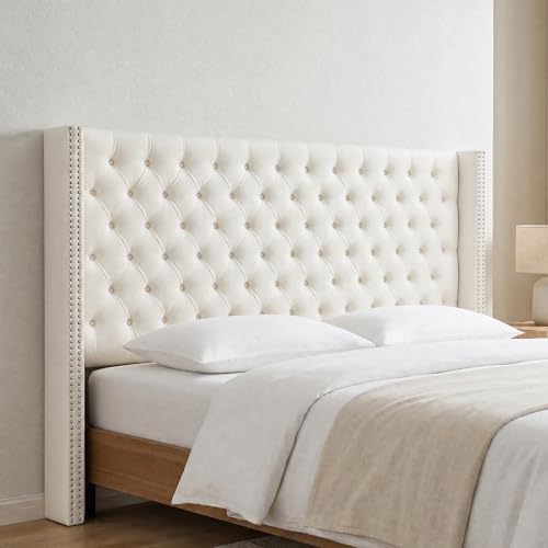 Image of Madison Park Queen Wingback Upholstered Tufted Headboard, Featuring High-Density Sponge Padding, Adjustable Height Headboard, Easy Assembly, Beige Velvet