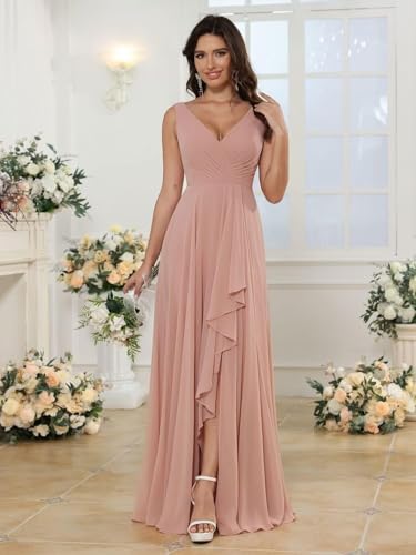 Loyeloy Women's V Neck Bridesmaid Dresses with Slit 2025 Chiffon A-line Formal Evening Gowns with Pockets YJ2122