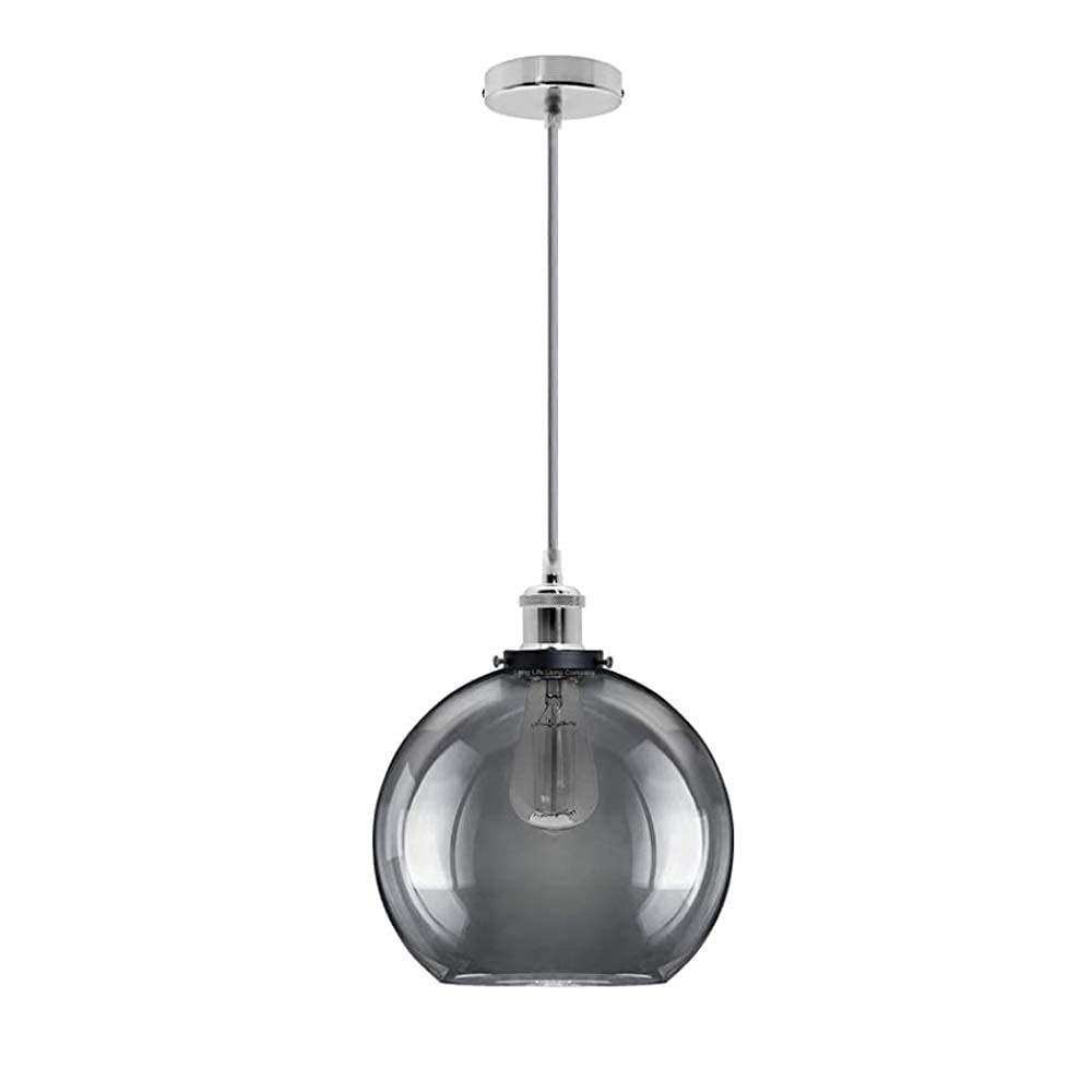 Lámpara de suspensión con globo de vidrio gris humo reflectante y base cromada 1