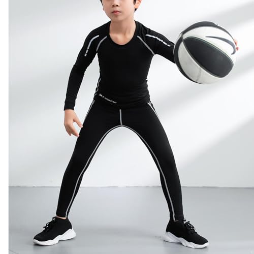 easyforever Kids Boys Compression Sets Thermal Long Sleeve Top And Leggings Athletic Set Gym Sport Fitness Underwear Suits Black&Grey 5-6 Years3