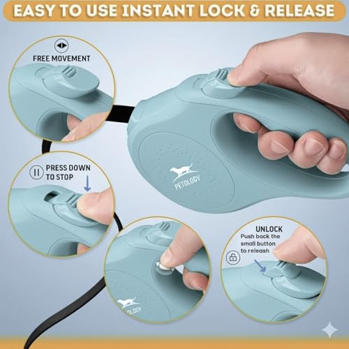 Image of Petology Retractable Dog Leash | 5 Meter (16ft) Nylon Tape | for Dogs Upto 15kgs | Heavy Duty Rope, 360 Tangle-Free, One-Hand Brake & Lock System, Anti-Slip Comfortable Grip