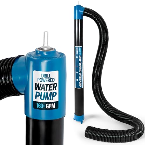 Drill-Powered Stick Water Transfer Pump 9600 GPH, Works with Any Drill, Anti-Clog, 6 FT Hose Included, Made in USA, TEMCo Industrial TH1712