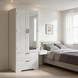 BOCVKENN 65.3" Modern Armoire Wardrobe Closet with Mirror, 2-Door Tall Wardrobe Closet with 2 Large Drawers Hanging Rod Anti-Tip Kit Freestanding Closets for Bedroom, Apartment (White)