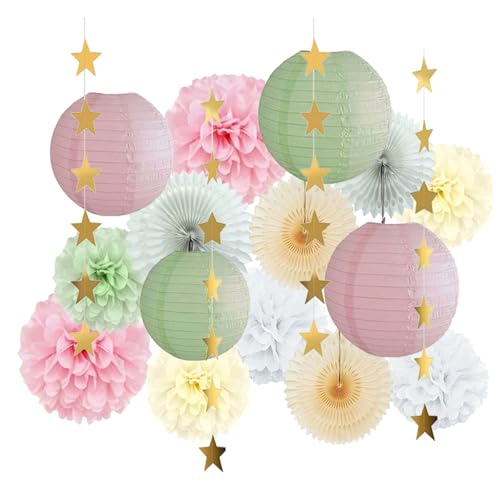 Lanternes suspendues vert sauge et pompons rose pour baby shower
