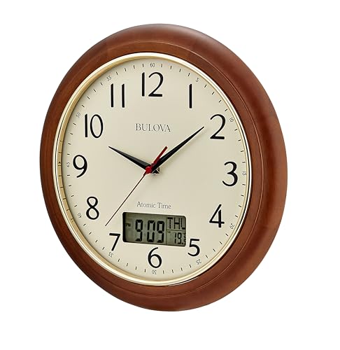 Bulova Clocks C5006 Dual Time 12.5” Atomic Wall Clock – Solid Pine Wood Case, Gold Bezel, Convex Glass, Radio-Controlled Time, LCD Second Time Zone/Temperature Display