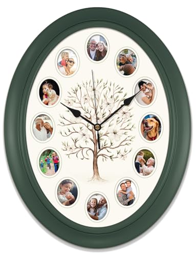 Mark Feldstein & Associates Family Tree Personal Photo Frame Oval Wall Clock, 14 Inch, Customize with Your Photos of Loved Ones