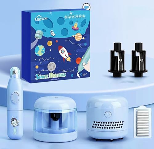 Image of Magicwand Battery Operated Pencil Sharpener,Electric Eraser,Vacuum Cleaner Stationery Set with 10 Eraser Refills for Kids,Adults for Home Office School【3 Yrs & Up】【Cute Bear Blue】
