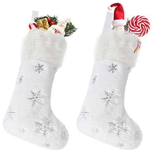 DIYASY 2 Pack Christmas Stocking, Large White Plush Faux Fur Xmas Stockings with Silver Glitter Snow Flakes for Christmas Party Gift Fireplace Tree Decoration