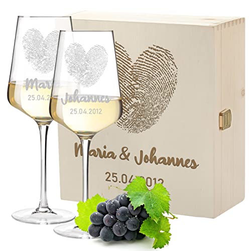 3-tlg Weinset mit personalisierter Wunschgravur - Motiv Herz Fingerabdruck - 2x Leonardo Weißweingläser Puccini 560 ml, 1x Holzkiste - nachhaltig - Echtholz - DIY Geschenk - Paar, Liebespaar