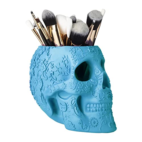 Skull Makeup Brush, Candy Bowl & Pen Holder, Trick or Treat Bowl, Spooky Goth Decorations, Extra Large, Strong Resin, Skeleton Skulls and Bones Organizer Bathroom Decor (Blue)