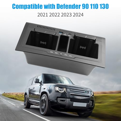 Dual Wireless Car Charger Compatible with 2020-2024 Land Rover Defender 90 110 130 15W Dual Wireless Fast Charging Smartphone Charger Tray with 27W USB & Type-C Center Console Accessories