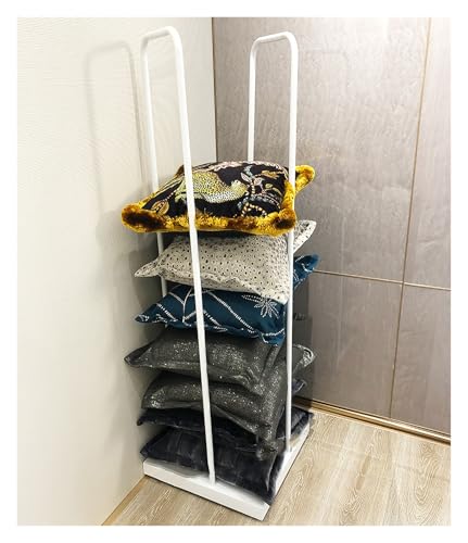 Square Pillow Rack for Bedroom, Commercial Retail Throw Pillow Display Rack with Adjustable Foot Pad, Living Room/Hotel Cushion Pillow Stand Holder, Freestanding White Metal