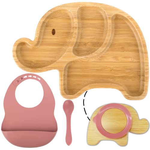 HappyDoo - Assiette ventouse pour bébé + Bavoir et Cuillère Silicone - Coffret repas bebe - Assiette bebe bambou en forme d'éléphant - Vaisselle Bebe Rose