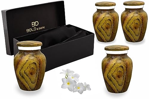 BOLD & DIVINE Wooden Textured Theme Keepsake Urn | Human Ashes Memorial Urn, Burial, Funeral Cremation Urns (Teak Root Wood, Set of 4_Mini)