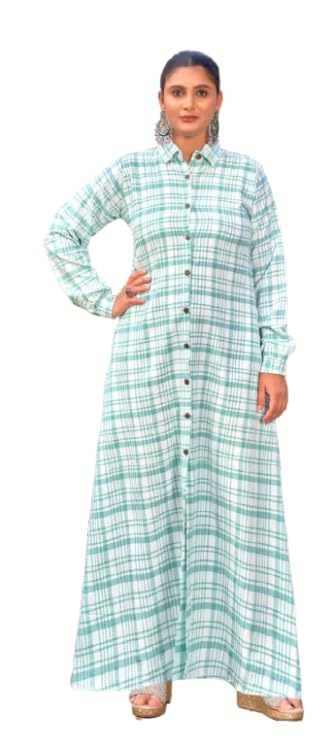 Sea Green Color Cotton Fabric no Transparency Front Button Open Pattern Chex Print Shirt Style Cuffs Balloon Sleeve Pattern with Pocket Front Open Buttons Feeding Friendly-image-33