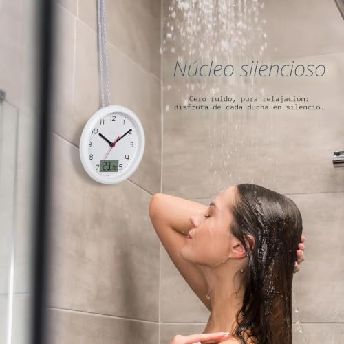 Miniatura 6 de Vivilinen Reloj De Baño Con Indicador De Temperatura, Reloj De Pared Sin Ruido De Tictac, Reloj De Cocina Con Correa Colgante Y Soporte, Protección Contra La Humedad, 17 Cm