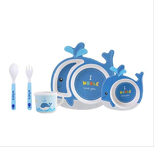 ToyHero® Servizi da Tavola per Bambini Cartone Animato Balena Forma Vasellame Set da Naturale Fibra di bambù Scomparti Piatto Ciotola Forchetta Cucchiaio Tazza Sicuro Stoviglie per Bambini (Set di 5)