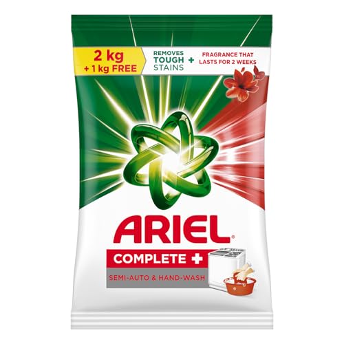 Image of Ariel Complete Detergent Powder - 2kg + 1kg free | Removes 100 Tough Stains in 1 wash | Fragrance that lasts for 2 weeks | For Semi Auto Washing Machine & Bucket Wash