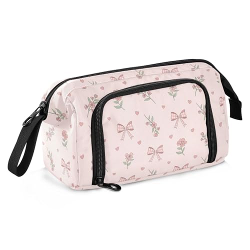 Image of Pink Ribbon Bow Flower Pencil Case Pouch Big Capacity Pencil Bag Box Organizer Pen Case with Zipper Pencil Cases for Girls School College