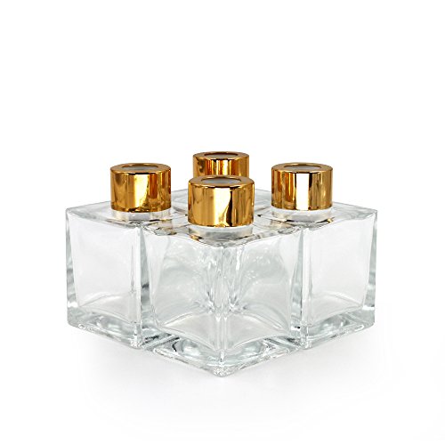 FrandyHouse Lot de 4 flacons diffuseurs carrés en verre - 8 cm de haut -100 ml - Accessoires de parfum à utiliser pour le bricolage - Diffuseur de roseaux avec huiles essentielles, bâtonnets (100 ml) Cover