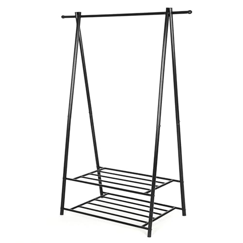 SONGMICS Kleiderständer, Garderobenständer, Garderobe, 2 Ablagen für Schuhe und Boxen, Metallgestell, platzsparend, ideal für Schlafzimmer, Flur und Büro, schwarz HSR05B