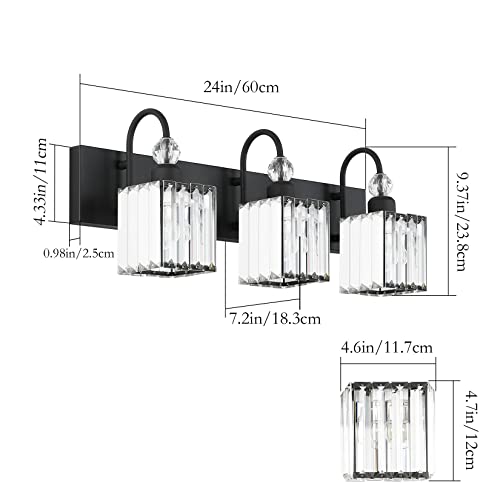 Image of Ralbay Modern Crystal Black Vanity Light 3 Light Bathroom Light Fixtures Over Mirror Matte Black Crystal Bathroom Wall Lighting