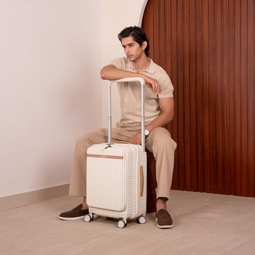 Image of Assembly Cabin Suitcase with External Laptop Pocket up to 15.6'' & 8 Spinner Wheels, Premium Polycarbonate Hard Shell Carry On Luggage for Adventure Travel, White, 20-Inch