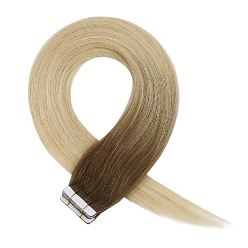 VeSunny 20pcs/50g Balayage Extensions Tape in Human Hair Dip Dyed Color #6 Fading to #613 Tape on Hair Extensions Salon Quality Tape Hair Extensions 16inch