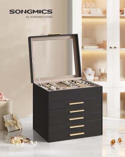 SONGMICS Jewelry Box Organizer with Glass Lid, 6-Layer Jewelry Storage, with 5 Drawers, Modern Style, 8 x 9.1 x 9 Inches, Graphite Black and Gold Color UJBC176B01