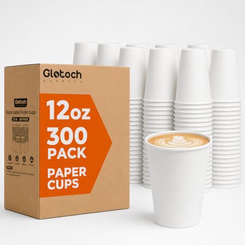 Glotoch Express Paper Cups 12 oz 300 Pack Leak-Proof Disposable Coffee Cups