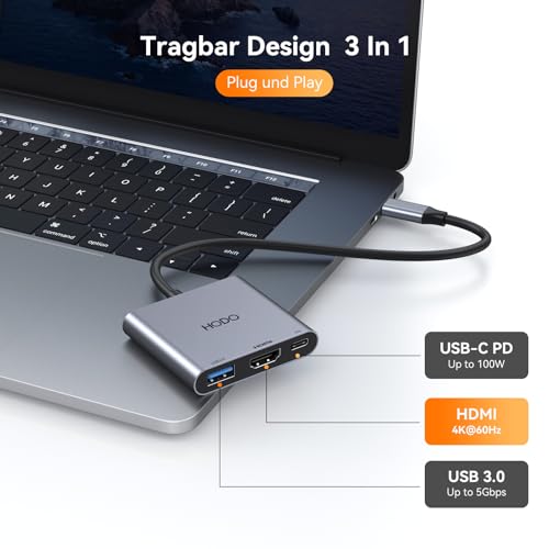HODO USB C HDMI Adapter, USBC Digital AV Multiport Hub mit 4K HDMI, USB 3.0, Type-C 100W PD für iPad/MacBook/Samsung S24/Surface/HP