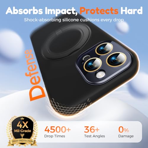 Image of Silicone 360 Spin Magnetic Stand Case for iPhone 16 Pro Max, [Compatible with Mag-Safe][Reinforced Hard Camera Protection] Liquid Silicone Rubber Phone Cover with Ring, Camera Button, Jet Black