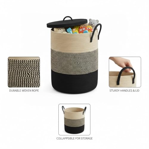 Image of Basket with Lid, 15 inch x 20 inch Woven Storage Basket for Blankets, Toys, Pillows, Towels, Living Room Bedroom Storage Bin, Round Rope Basket with Lid, Wicker Baskets for Organizing (BG6)