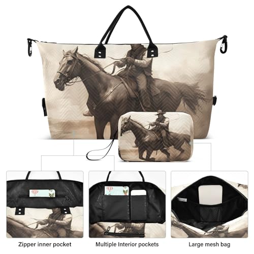 Large Travel Duffel Bag, Horse and Cowboy Sports Tote Gym Bag, Shoulder Weekender Overnight Bag for Women Men, Carry On Luggage with Toiletry Bags2