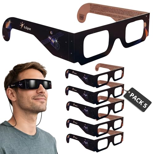 SUUM co. Zertifizierte Sonnenfinsternisbrillen ISO 12312-2- und CE-zertifizierte Brillen für Sichere Sonnenfinsternisbrillen für Die Sonnenfinsternis am 12 August 2026 (Packung mit 5 Einheiten)