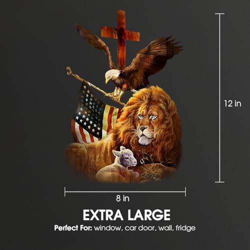 Image of Premium Lion Family Car Sticker with Jesus Cross & Eagle Holding American Flag - Durable & Waterproof Vinyl Decal for Car Window - Christian Gift for Jesus Believers - 12 x 8 Inches