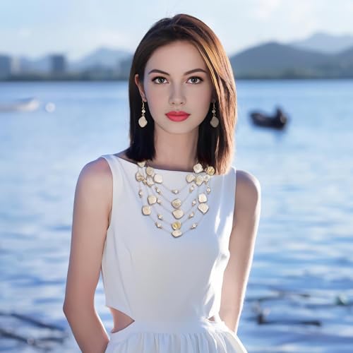 Image of Coiris Natural Seashell Choker Necklaces Earrings Jewelry Set for Women Starfish Shell Freshwater Pearl Collar Necklaces for Women Irregular Mother of Pearl Jewelry Set