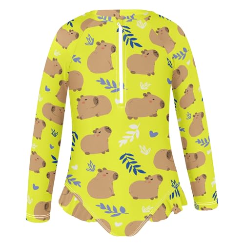 Yellow Cute Capybara Girls Long Sleeve Swimsuit Rash Guard One Piece Bathing Suits Zipper 3-12T2