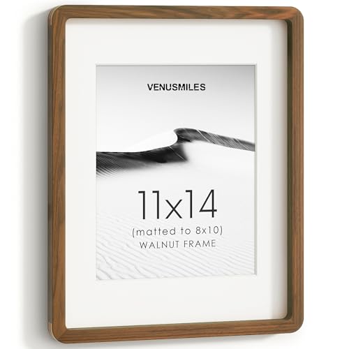 Image of 11x14 Picture Frame, USA-Sourced Natural Walnut Wood Photo Collage Frame with HD Tempered Glass, 11 x 14 Wooden Frame Matted to 8x10, Vertical & Horizontal Wall Hanging Display