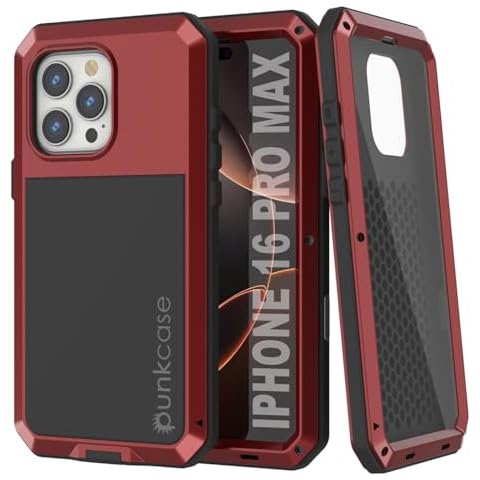 Punkcase for iPhone 16 Pro Max Metal Case | Heavy Duty Military Grade Armor Cover | Hard Aluminum & TPU Design W/Tempered Glass Screen Protector for iPhone 16 Pro Max (6.9") (2024) [Red] Cover